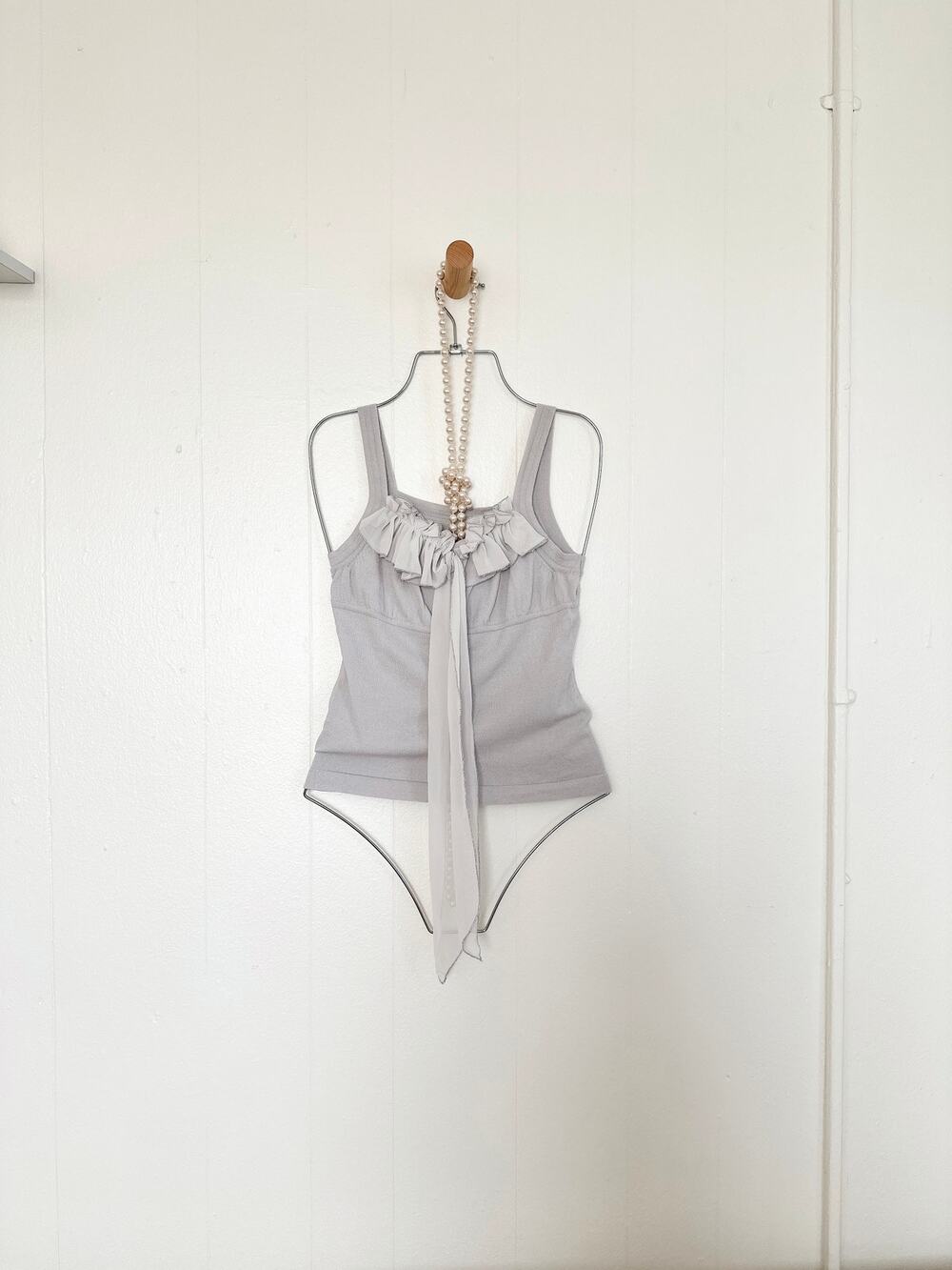 Vtg OOAK Y2K Grey Ruffle Trim Ribbon Tie Bodysuit Tank Top Korean Archive XS S